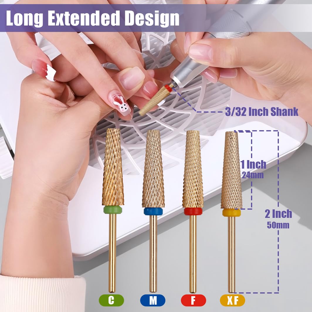 Yakamoz 4Pcs Super Long Nail Drill Bits Set, 3/32" Professional Carbide Tungsten Nail File Bits C M F XF Safety Efile Nail Bits for Nails Gel Polish Manicure Pedicure