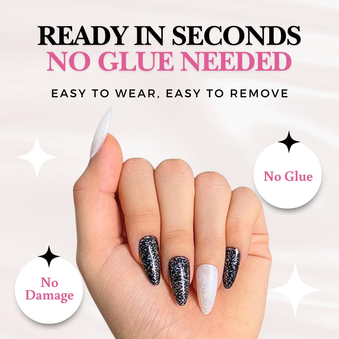 Perfect Look Press On Nails - Star Dust | No Glue One-Day Long Almond Nails, White and Black Glitter with Glossy Finish - 24 Pcs Nail Kit with Adhesive Tabs