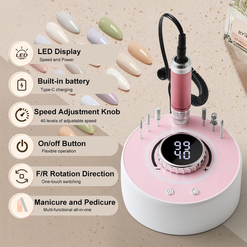 Electric Nail Drill File: Professional 40000RPM Nail E-File Drill, Rechargeable Cordless Nail Drill with Bits & Base for Acrylic Nails Remove Nail Gel Polish Manicure for Home Salon Use (Pink)