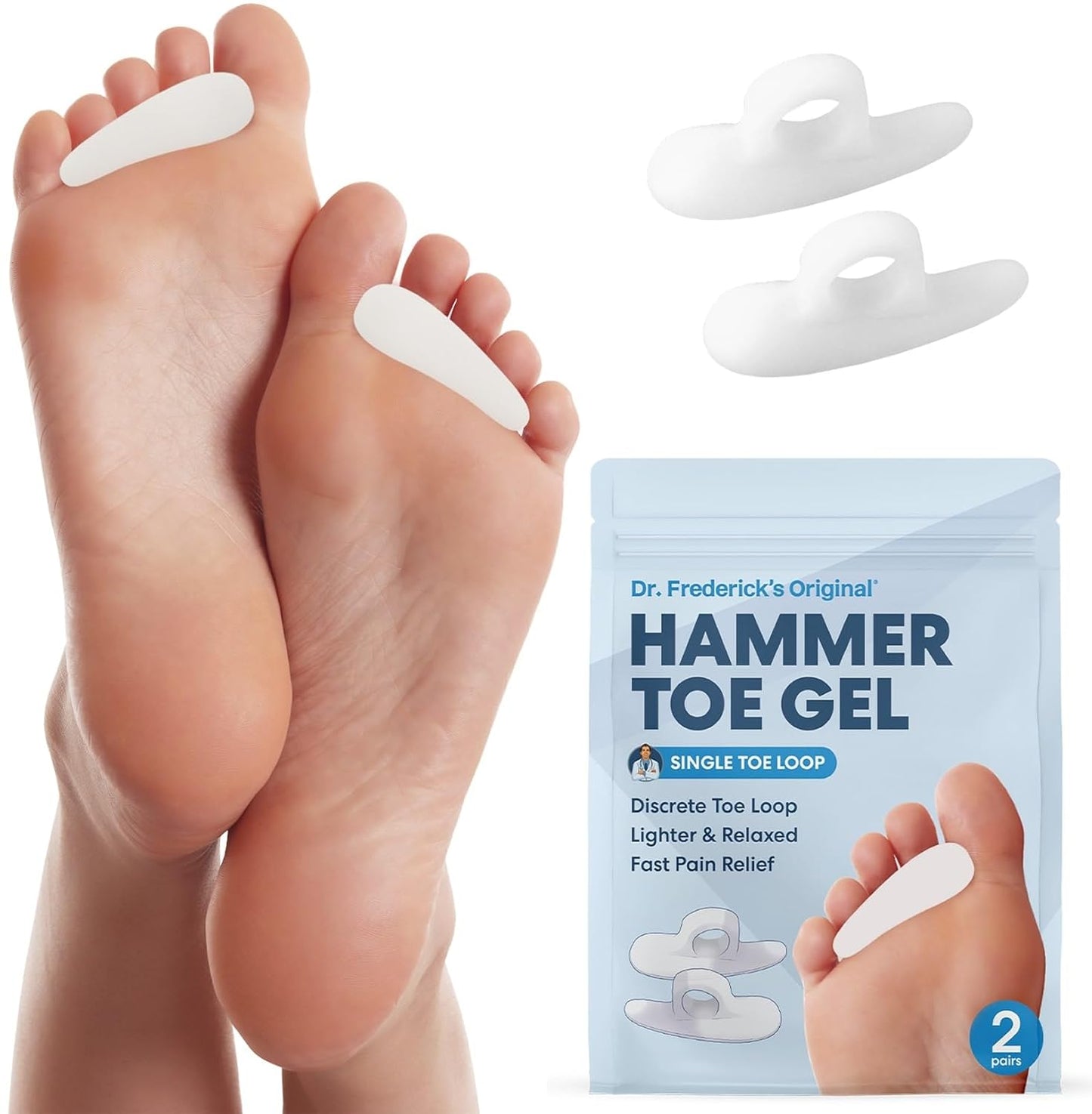 Dr. Frederick's Original Hammer Toe Corrector Gels - 2 Pairs - All-Day Relief for Crooked & Overlapping Toes - Soft Cushioning - Symptomatic Support for Toe Alignment - White - 1 Loop Design