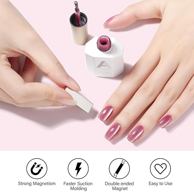 AILLSA Cat Eye Gel Nail Polish Pink Rose Glitter Crystal Polish with Magnet, Nude Burgundy Sparkle Nail Polish Reflective Translucent Jelly Color U V Magnetic Gel Salon DIY at Home 0.5 OZ GF20
