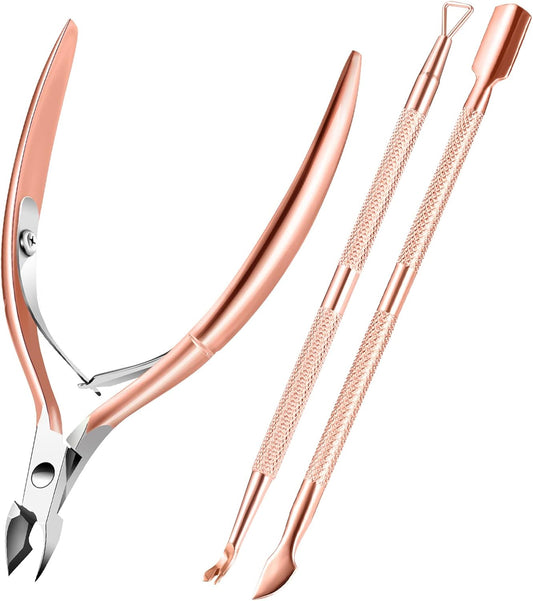 Cuticle Trimmer Cuticle Remover with Cuticle Pusher, XUNXMAS Professional Stainless Steel Durable Pedicure Manicure Tools Cutter Nipper Scissor Clipper for Fingernails and Toenails Rose Gold