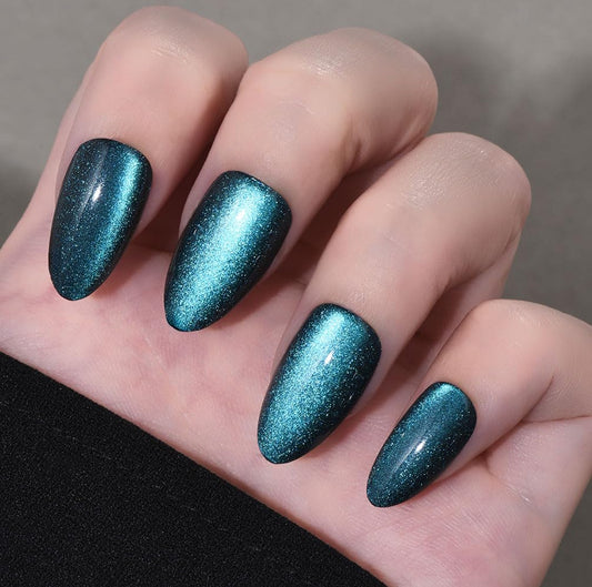 evpct Dark Blue Press on Nails Almond Short, Sapphire Blue Cat Eye Glitter Holographic Press on Nails, Soft Gel Press Glue On Nail with Nail Glue, Full Cover, 30Pcs Reusable Acrylic Fake Nails Kit