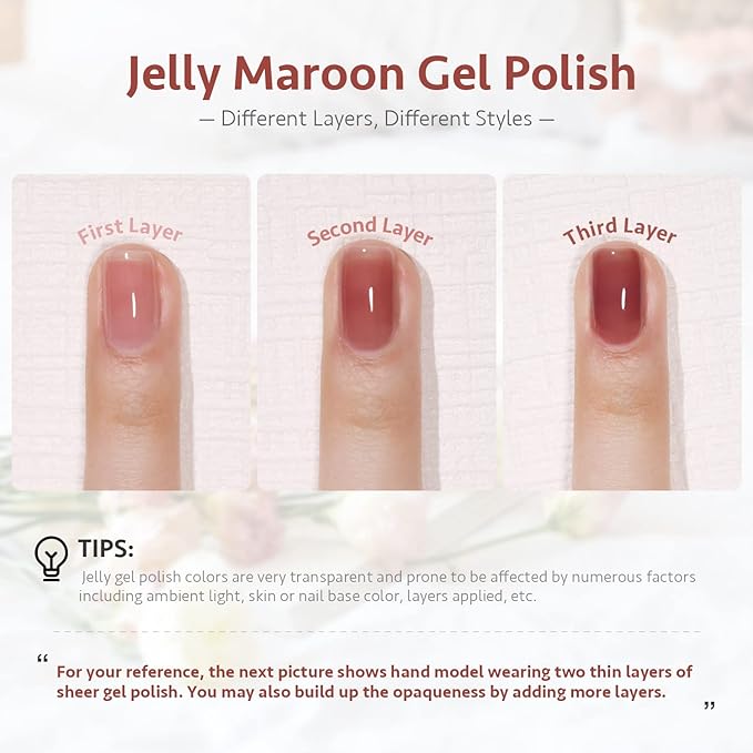 GAOY Jelly Maroon Gel Nail Polish, 16ml Sheer Spring Summer Translucent Color 1298 UV Light Cure Gel Polish for Nail Art DIY Manicure and Pedicure at Home