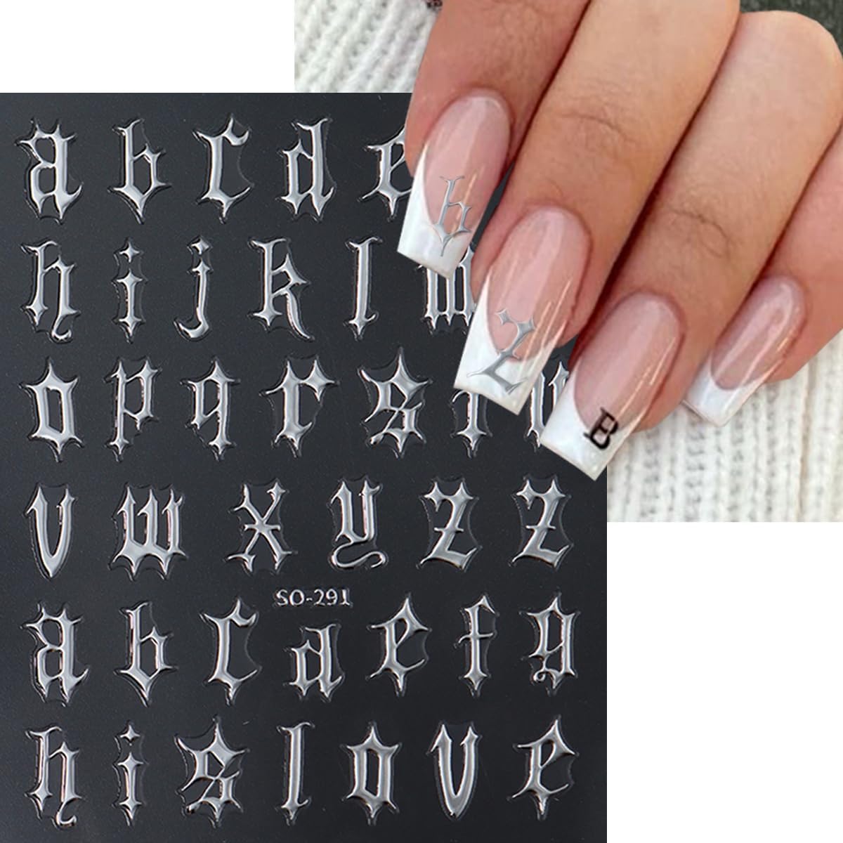 8 Sheets Old English Letters Nail Stickers for Nail Art Personalized Alphabet Nail Art Stickers Decals 3D Self-Adhesive Black White Gold Silver Nails Design Sticker for Women DIY Nail Tips Supplies