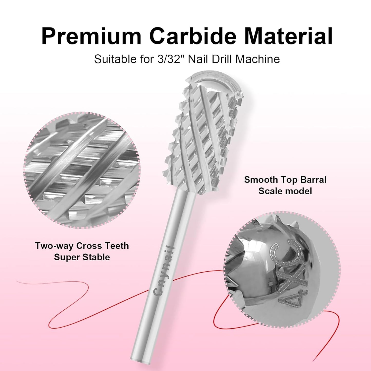 3/32" Large Barrel Smooth Round Top Tungsten Carbide Nail Drill Bit Safety Bit for Gel & Acrylic Removal, 2-Way Rotating Efile Tip, Salon Electric File Accessory (4XC Grit, Silver)