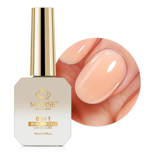 MIZHSE Builder Nail Gel, 8-in-1 Netural Nude Builder Nail Gel Strengthener Gel Thickening Extension Rhinestone Glue in a Bottle for DIY Salon LED & U V Lamp Needed 16mL