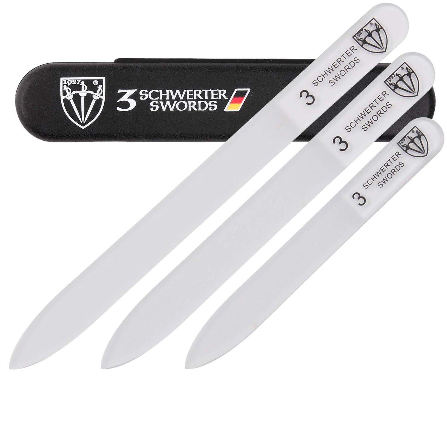 3 Swords Germany - Brand Quality Glass Nail File Set, 3 Pieces, Perfect for Natural Fake Gel Artificial Acrylic fingernail, incl. Black Plastic case