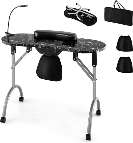 GOFLAME Manicure Nail Table, Foldable Nail Technician Desk w/Electric Downdraft Vent, Bendable LED Lamp, Removable Armrest Pad, Dust Bag, Manicure Table with Lockable Wheels for Home, Salon, Black