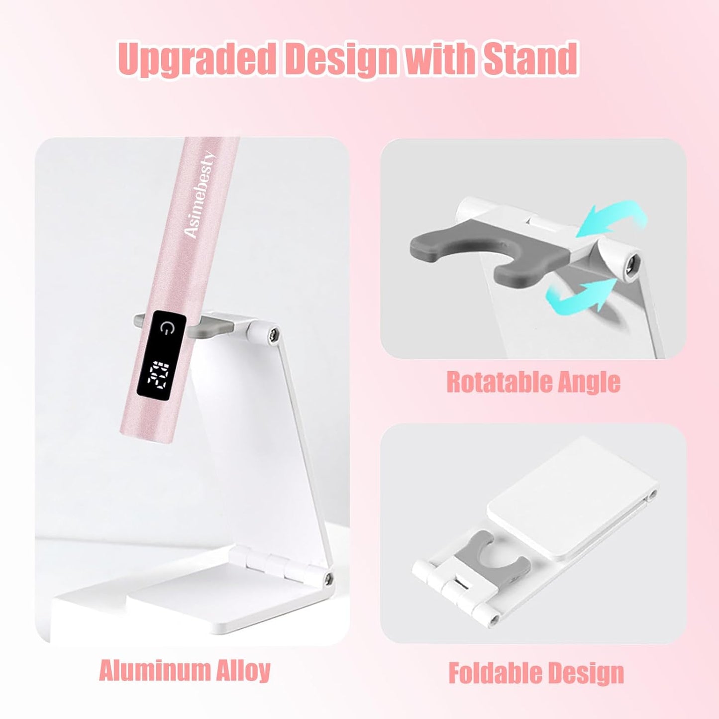UV Light for Gel Nails, Mini UV Nail Lamp Hand held with Stand, Portable Small Nail Dryer Light for Gel Polish with 3 Timers, Rechargeable Cordless UV Light Nail for Fast Curing, Rose