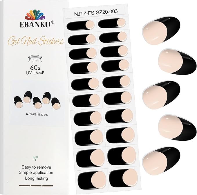 EBANKU 20Pcs Semi-Cured Gel Nail Strips for Women, Girl， Black Deep French Nail Sticker, Lasting Waterproof Full Wraps Stickers for Salon Manicures, Perfect with File and Stick