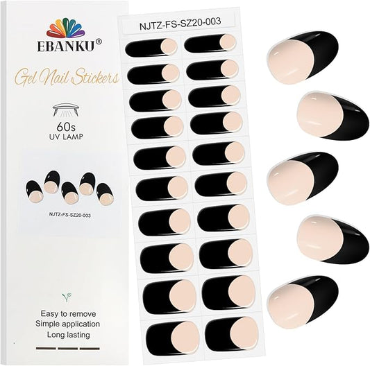 EBANKU 20Pcs Semi-Cured Gel Nail Strips for Women, Girl， Black Deep French Nail Sticker, Lasting Waterproof Full Wraps Stickers for Salon Manicures, Perfect with File and Stick