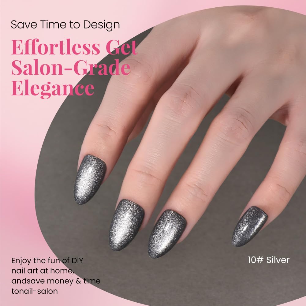 evpct Cat Eye Gold Silver Press on Nails Almond Short, Gold Silver Metal Short Almond Soft Gel Press on Nails with Nail Glue, 60Pcs Reusable Acrylic Fake Press-on Nail Polish Kit for Women Gift