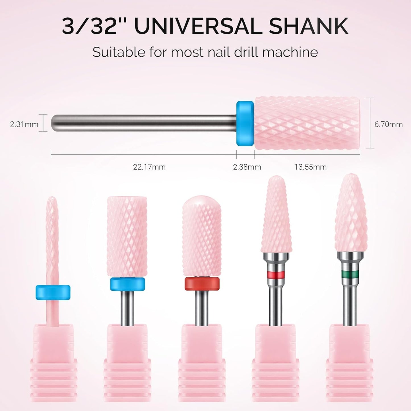 MelodySusie Ceramic Nail Drill Bits Set, 3/32'' (2.35mm) Professional Acrylic Nail File Drill Bit for Manicure Pedicure Cuticle Gel Nail Polishing, 5Pcs, Pink