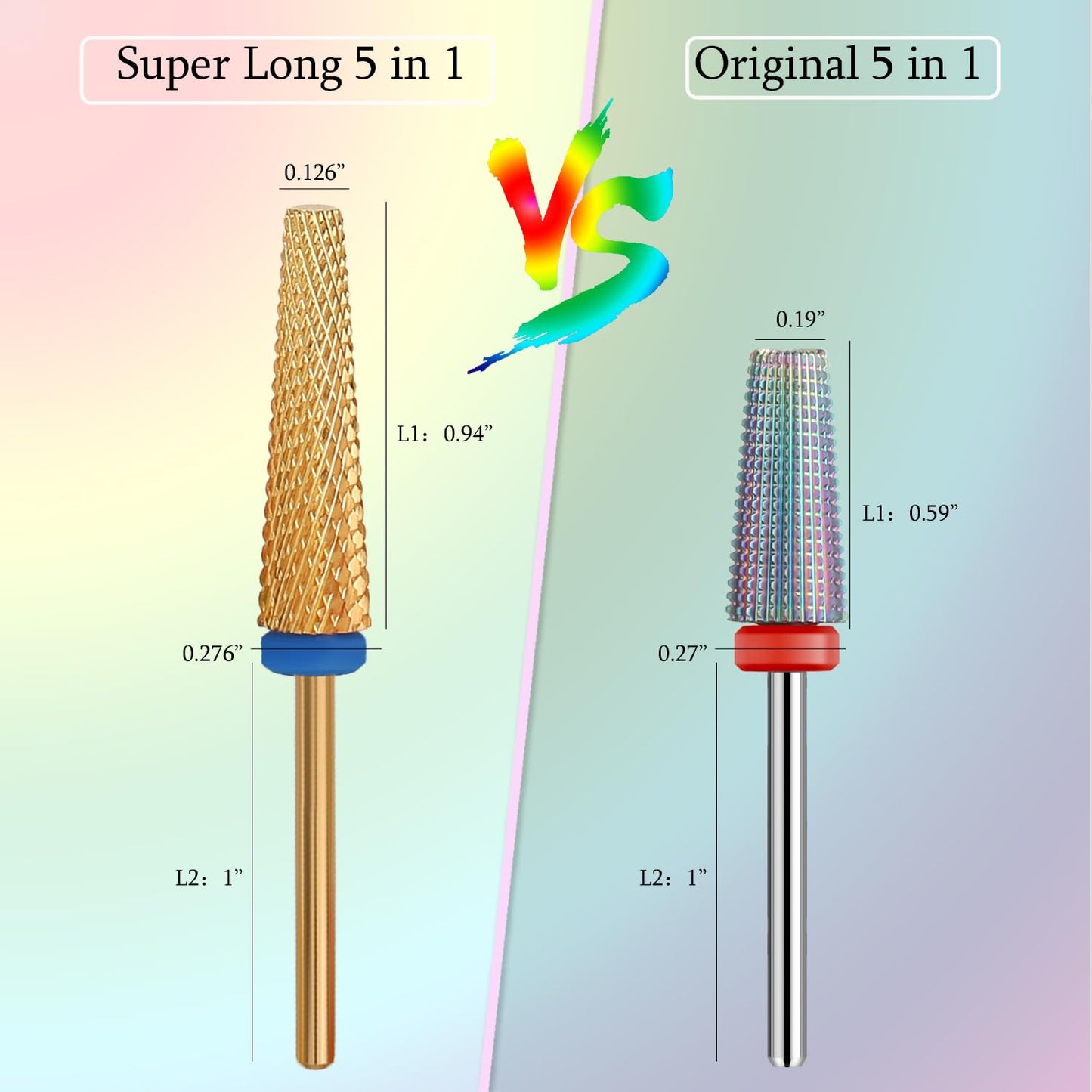 Super Long 5 in 1 Nail Drill Bits, Professional 3/32'' Carbide Tungsten Two Way Rotary Nail Cleaner Nail Bits, Suitable for Manicure Pedicure Cuticle Gel Polishing Acrylic Nails(Gold, Medium-M)