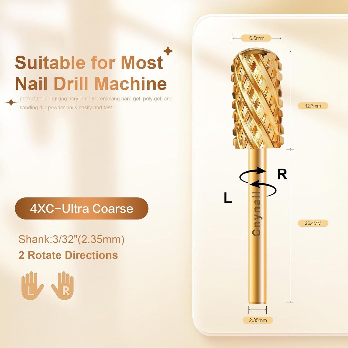 3/32" Large Barrel Smooth Round Top Tungsten Carbide Nail Drill Bit Safety Bit for Gel & Acrylic Removal, 2-Way Rotating Efile Tip, Salon Electric File Accessory (4XC Grit, Gold)
