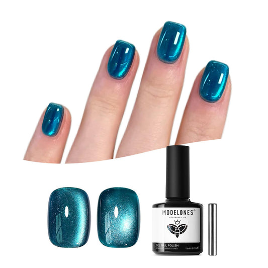 modelones Cat Eye Gel Nail Polish, 15ML Holographic 9D Glass Blue Cat Eye Glitter Multichrome Polish Peacock Blue Nail Polish with Magnet Soak Off Led Mani Top Coat Nail Art Gel DIY Salon Gift