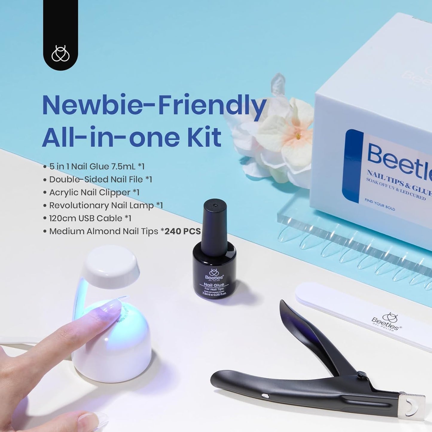 Beetles Gel Nail Kit Almond Nail Tips Easy Nail Extension Set 9 In 1 Nail Glue Gel with Pre shaped Medium Almond Nail Tips & UV Nail Lamp Acrylic Nail Clipper DIY Art Gifts for Her