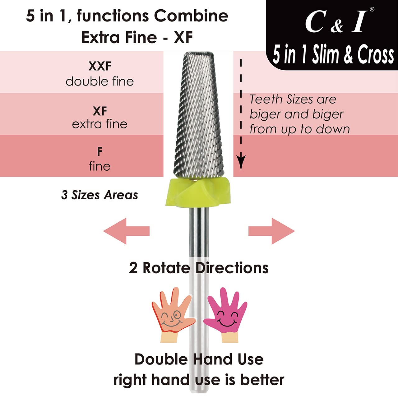 C & I 5 in 1 Nail Drill Bit, Cross & Slim Edition, Professional Nail Drills for Electric Manicure Drill Machine (Extra Fine -XF)
