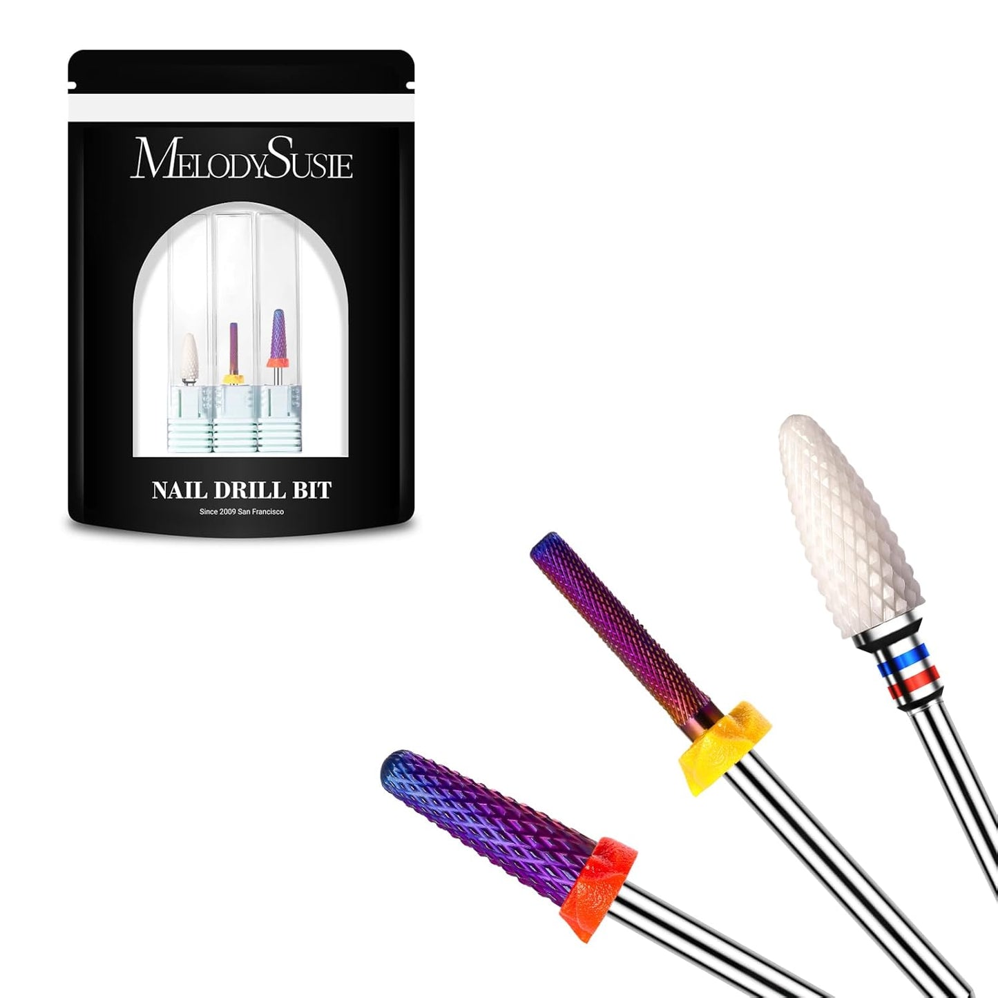 MelodySusie 3Pcs Nail Drill Bits Set, 3/32'' Carbide Tungsten Ceramic Bits, Flame, Nature Nail Buffer and Cone Shape Bits, Suitable for Manicure Pedicure Cuticle Gel Acrylic Remover