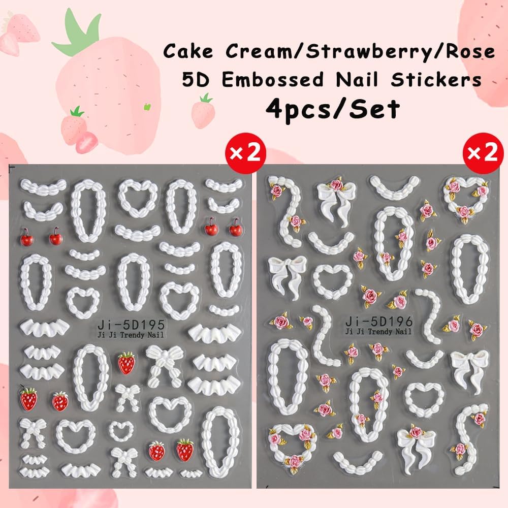 Cake Cream 5D Embossed Nail Art Stickers, 4 Sheets Cute Cream Chain Pleated Skirt Edge French Nail Decals Strawberry Cherry Rose Heart Self Adhesive DIY Nail Supplies for Women Girls