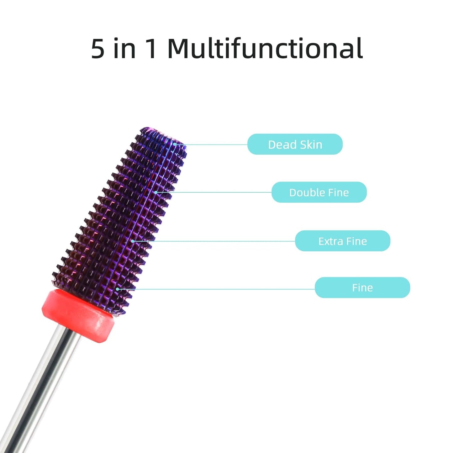 Purple 5 in 1 Nail Drill Bit, 15mm Tapered Drill Bits for Nails, 3/32" Professional Straight Cut Two-way Carbide Nail Bits, Electric Manicure Gel Polish Acrylic Powder Removal Tool, Fine
