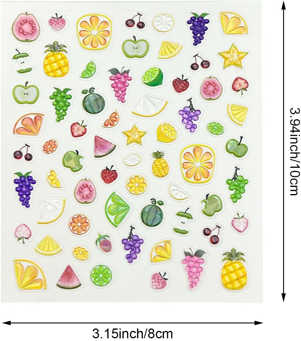 Summer Fruit Nail Art Stickers, 2 Sheets, 5D Embossed Self-Adhesive Decals with Strawberry, Grape, Lemon, Apple, Cherry Design for DIY Nail Decoration
