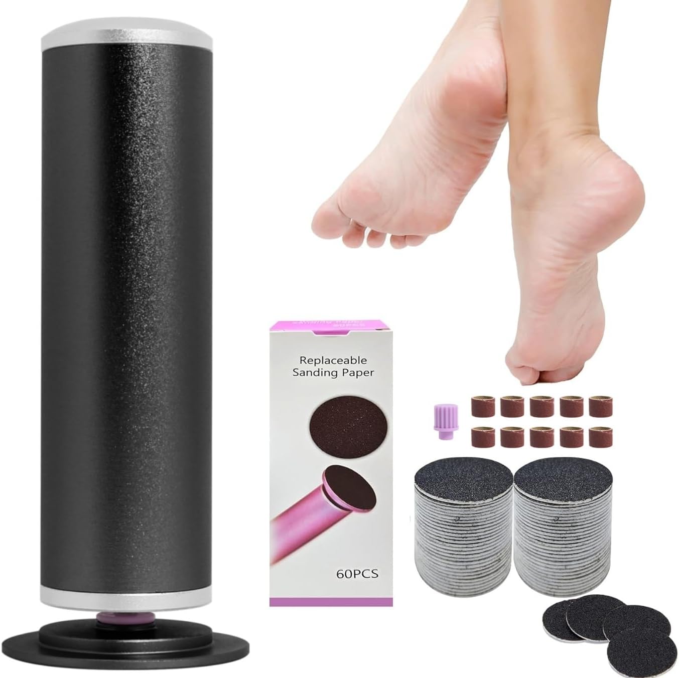 Electric Foot File, Callus Remover for Feet, Adjustable Speed Control Pedicure Tools for Dead Skin Calluses with 60 PCS Sandpaper Discs and 5 PCS Nail Drill Bits (Black)