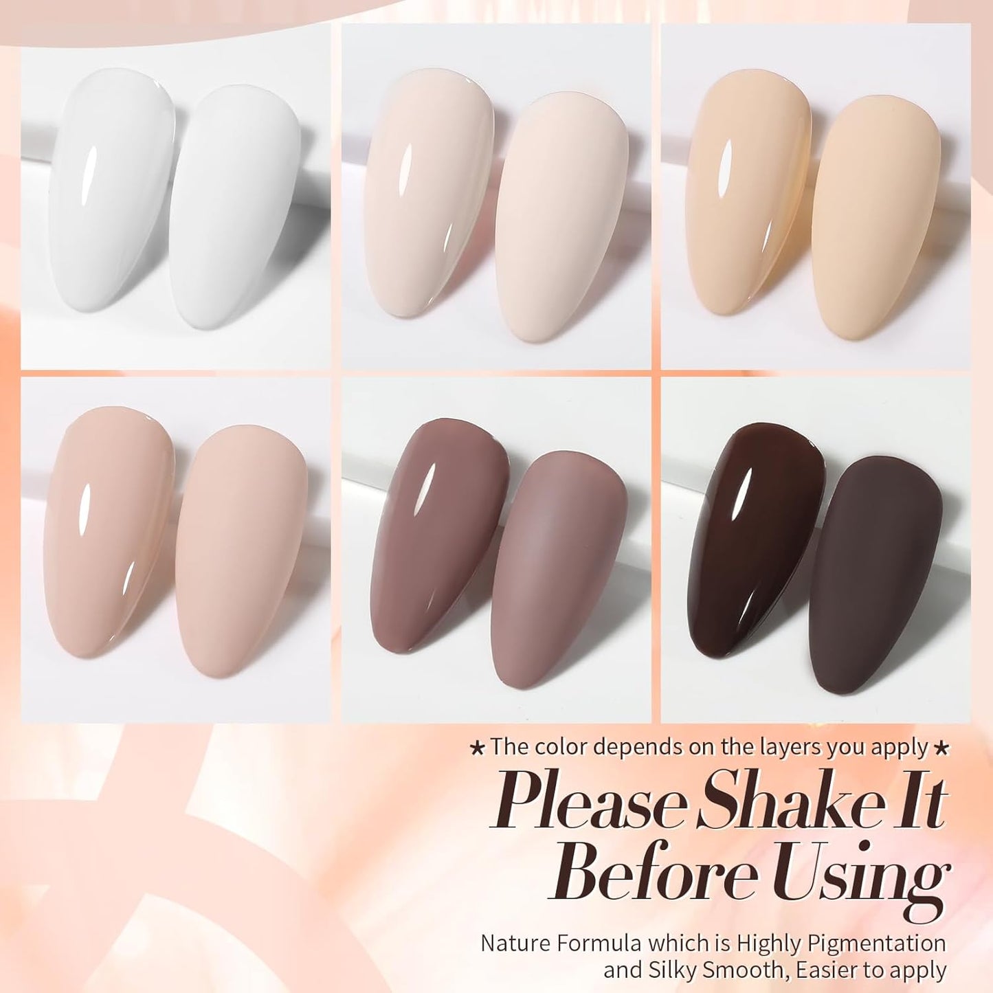 BORN PRETTY Gel Polish Nail Set 6 Colors Nude Skin Tones Brown Neutral Colors Soak Off Gel Nail Kit Collection Nail Art Manicure DIY Salon Home Gift