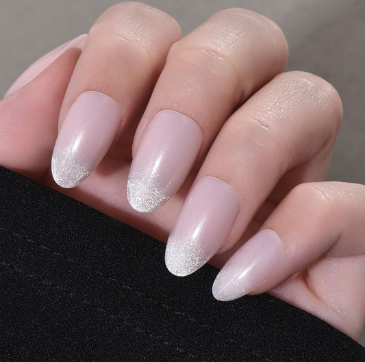 Cat Eye Press on Nails Short Almond - Nude Pink Shimmer Glossy French Tip Press on Nails for Gift, Soft Gel Press Glue On Nail with Nail Glue, Supremely Fit Full Cover Reusable Acrylic Fake Nails Kit