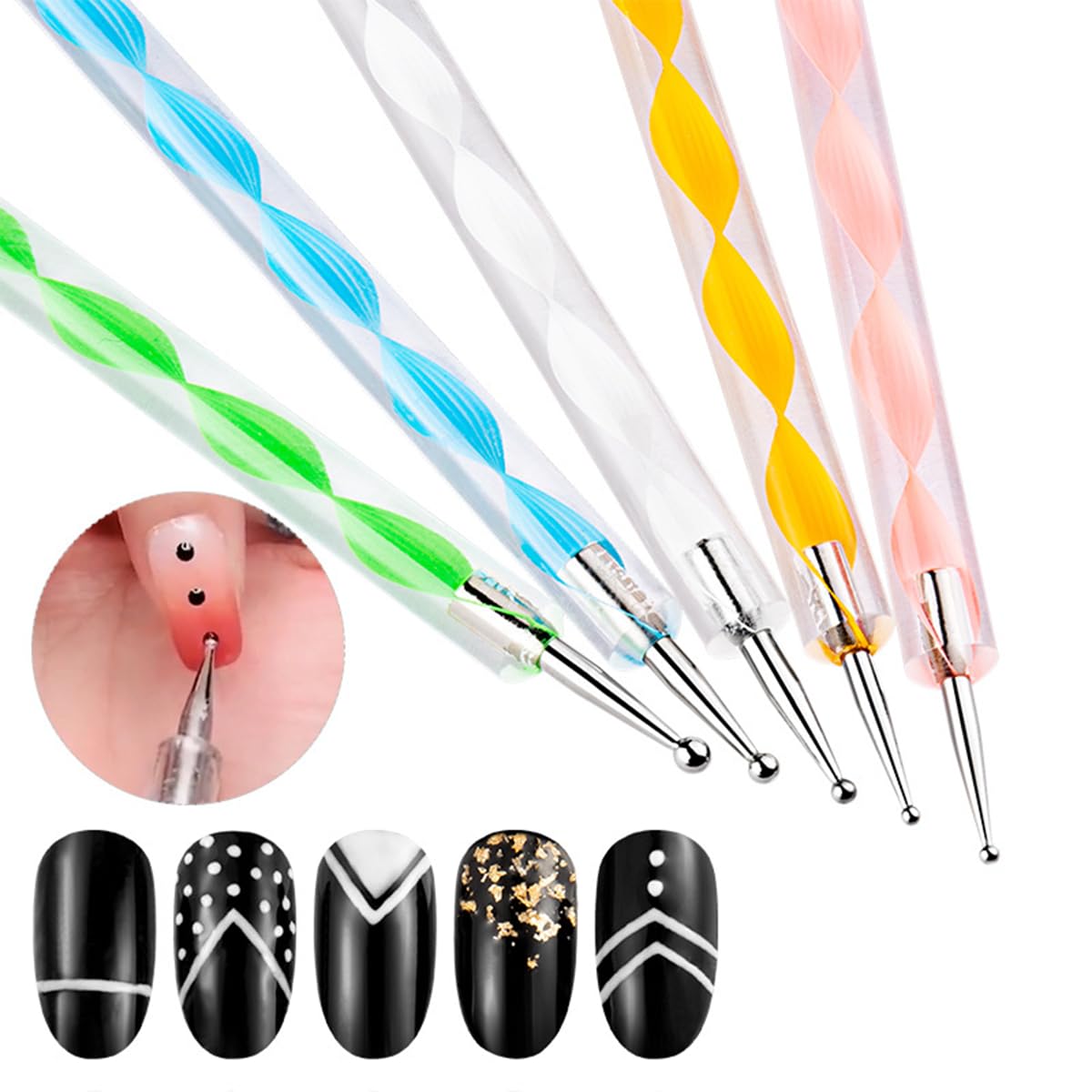 Nail Dotting Tools Kit - 10 Pcs, 5 Double-end Tools, 5 Nail Liner Brushes