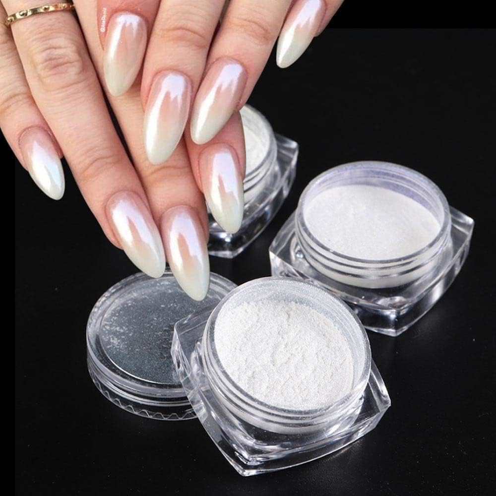 White Pearl Chrome Nail Powder, Mirror Effect Pearlescent Chrome Pigment Powder for Nails, Ice Aurora Nail Powder 3Pcs