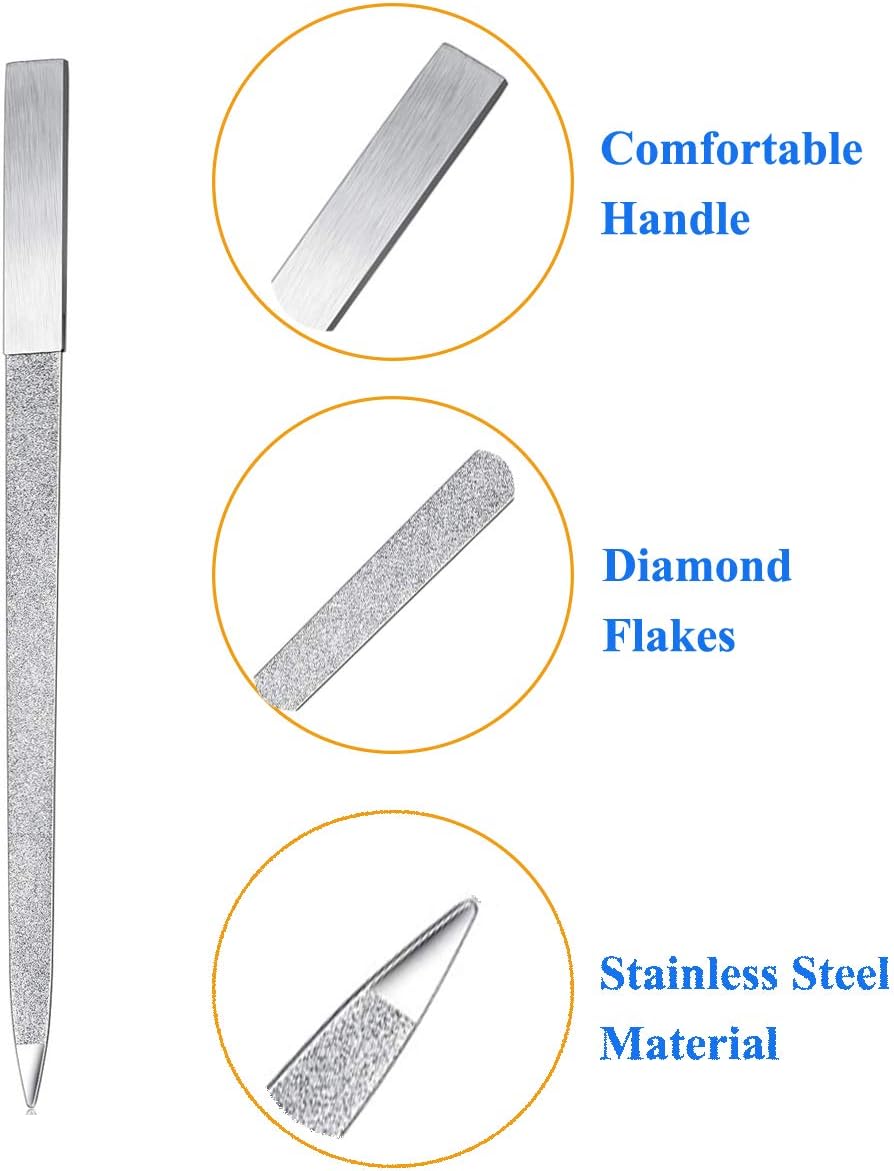 8 Pack Diamond Nail File 7 inch Metal Fingernail Files, Stainless Steel Double Side Nail File for Salon Home and Travel Men Women
