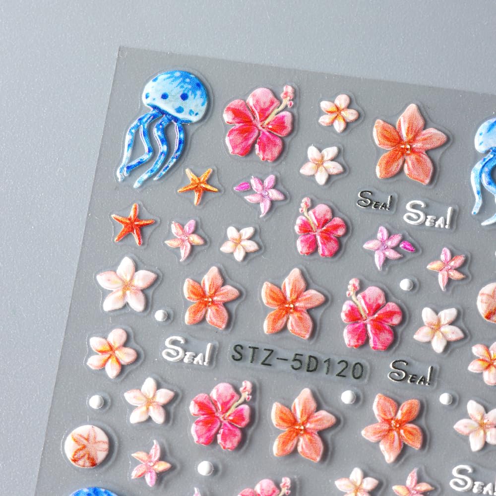 Summer Flower Nail Art Stickers Decals Jellyfish 5D Embossed Nail Decals 2PCS Flowers Starfish Jelly Design Summer Nails Adhesive Sliders Flower Sticker for Nails Women DIY Manicure Decorations Supply