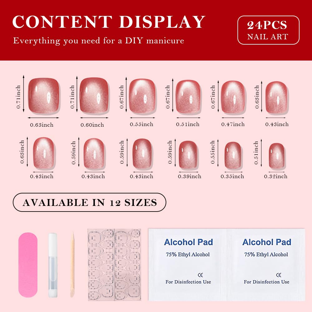 evpct Pink Cat Eye Extra Short Press on Nails Square, Petite Short Square Glue on Nails for Women Gift, Red Nude Pink Metallic Glitter Glossy Reusable Stick Gel Press on Acrylic Fake Nail with Designs