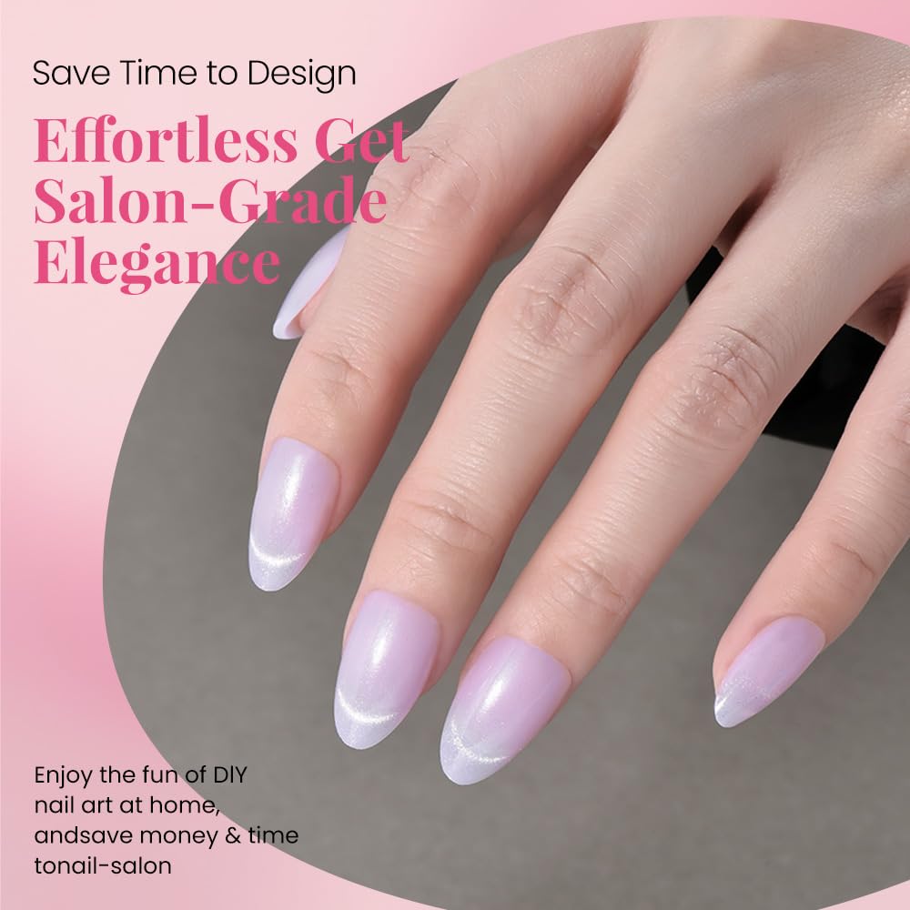 Cat Eye Press on Nails Short Almond - Light Purple Shimmer Glossy French Tip Press on Nails Gift, Soft Gel Press Glue On Nail with Nail Glue, Supremely Fit Full Cover Reusable Acrylic Fake Nails Kit