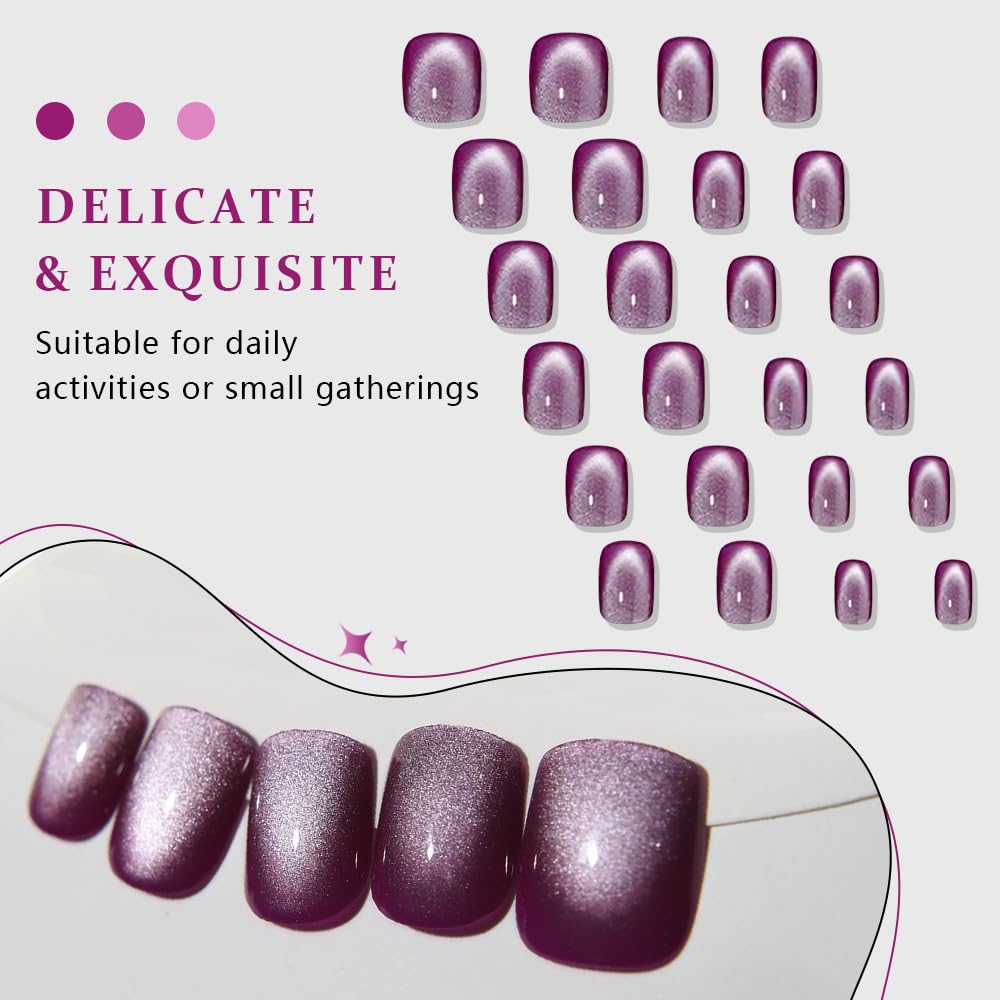 evpct Purple Cat Eye Short Press on Nails Square, Petite Short Square Glossy Nails with Designs for Women, Light Lavender Purple Glue on Glitter Reusable Gel Press on Acrylic Fake Nail Holographic