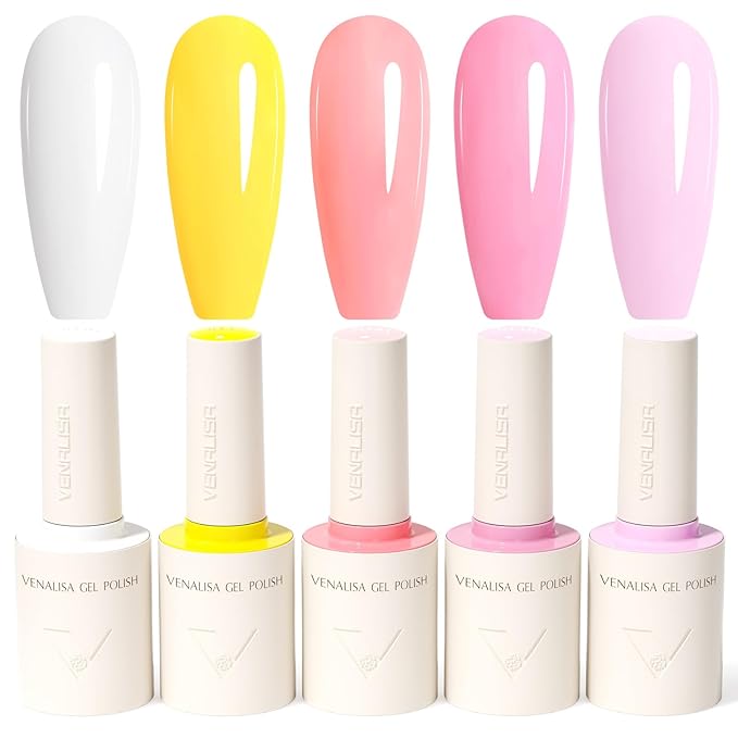 VENALISA 10 ML Gel Nail Polish Set with DIY Nail tips Kit, 5 Pcs White Yellow Pink Light Purple Gel Polish Color High Gloss Soak Off U V Nail Manicure Salon DIY