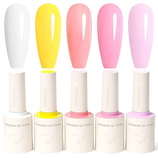 VENALISA 10 ML Gel Nail Polish Set with DIY Nail tips Kit, 5 Pcs White Yellow Pink Light Purple Gel Polish Color High Gloss Soak Off U V Nail Manicure Salon DIY