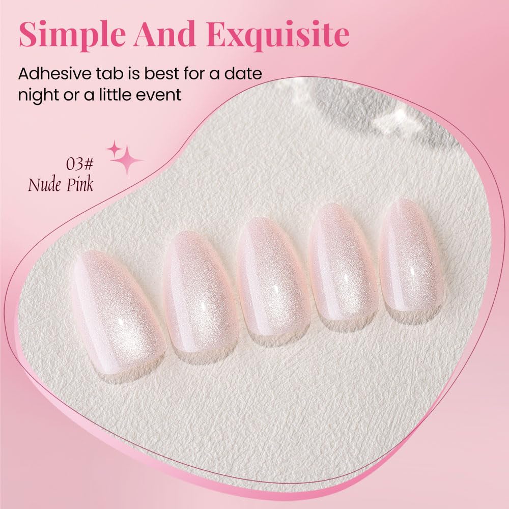 evpct Cat Eye Press on Nails Almond Short, Cat Eye Stick on Nails Press on, Nude Pink Glitter Short Almond Press Glue on Nails, Fake Nails Press ons with glue, 30Pcs Reusable Acrylic Fake Nails Kit