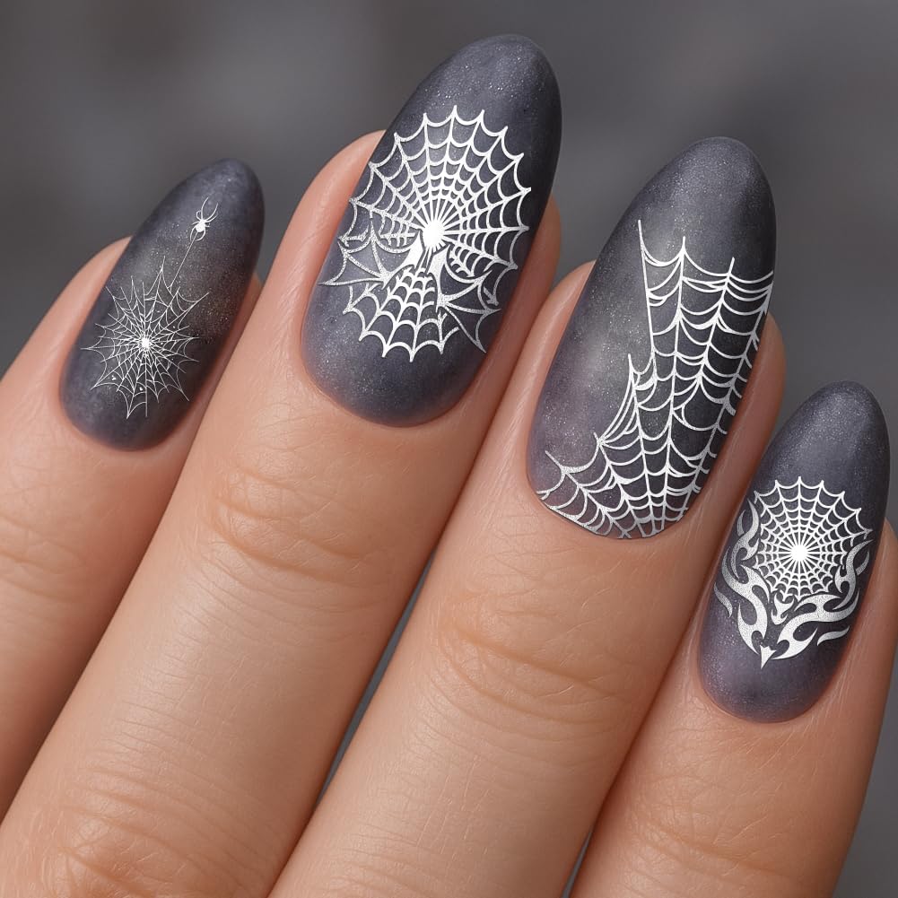 PH PandaHall 3pcs Spider Web Nail Stamping Plates Halloween Nail Art Plates Gothic Skull Nails Image Plates Spooky Cobwebs Patterns Manicure Art Templates for DIY Print Manicures Salon Design