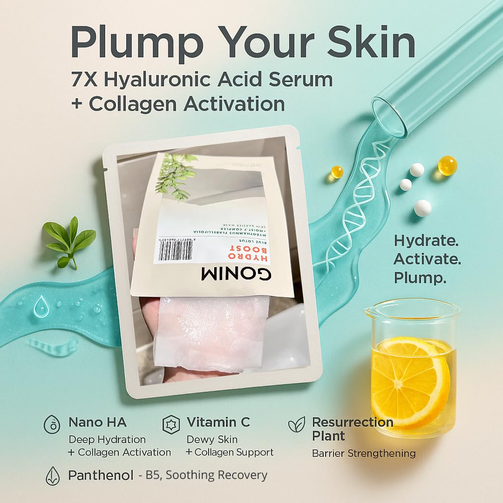 GONIM Face Mask Korean Skin Care with Hyaluronic Acid Serum & Collagen Activation, Hydrating Face Masks Skincare with Vitamin C, Moisturizing Sheet Mask for All Skin, Korean Face Mask 20 Sheets