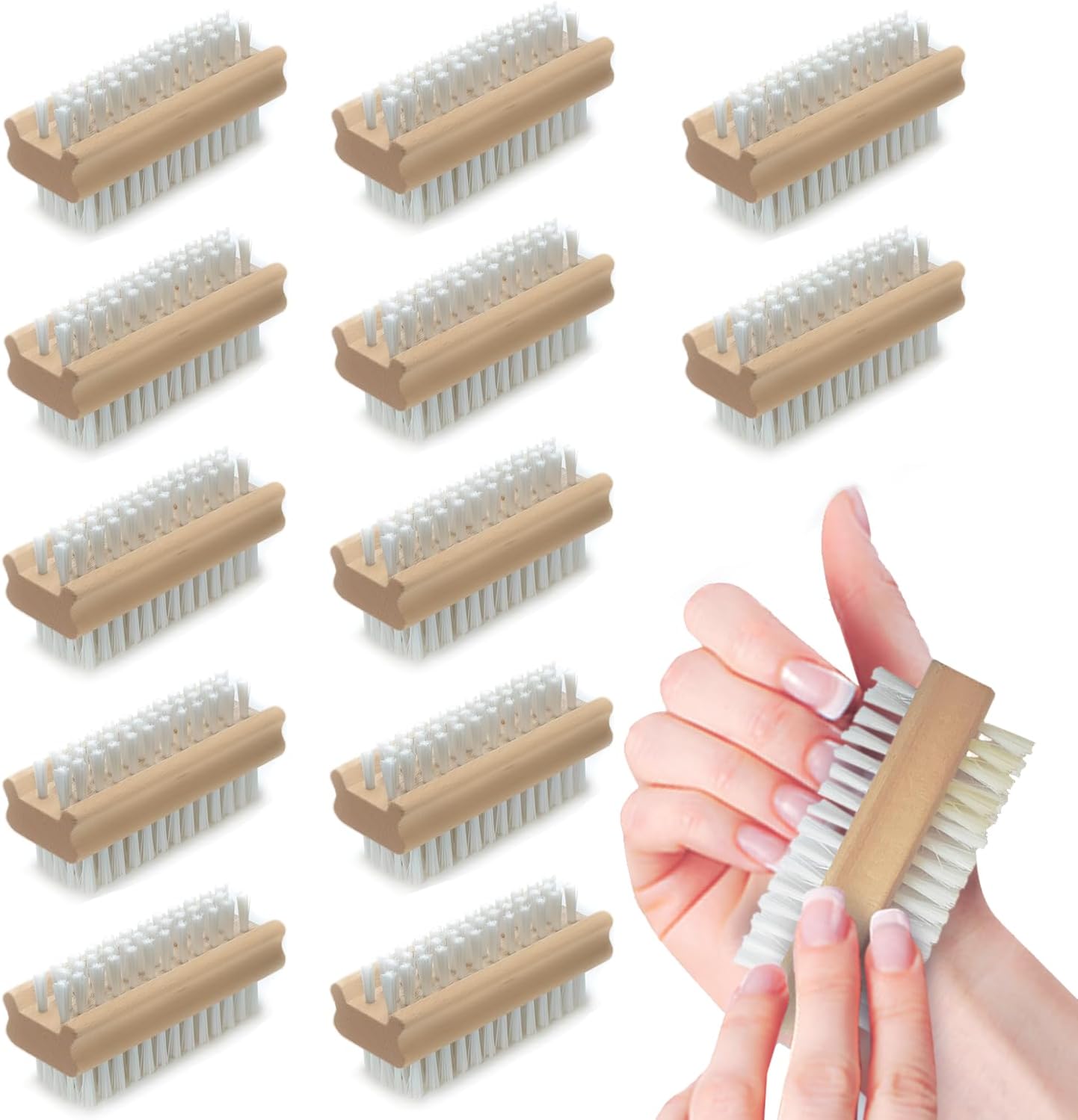 LOLA Classic Hand & Nail Wood Brush, 12 Pack, Heavy Duty 2 Sided Soft & Stiff Bristles, Cleans Hands, Fingernails, Feet & Toenails
