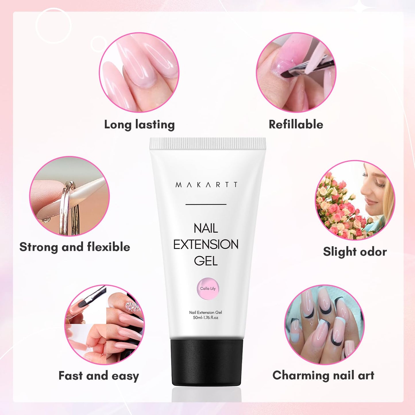 Makartt Poly Nail Gel-50ML Soft Pink Color, Strong Builder for Extension Overlay Strengthener 3D Diy, Long-lasting for Nails French Manicures Home Salon-Calla Lily