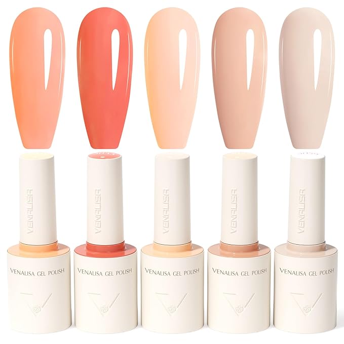 VENALISA 10 ML Pink Gel Nail Polish Set with DIY Nail tips Kit, 5 Pcs Baby Pink Light Nude Gel Polish Color High Gloss Soak Off U V Nail Manicure Salon DIY