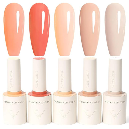 VENALISA 10 ML Pink Gel Nail Polish Set with DIY Nail tips Kit, 5 Pcs Baby Pink Light Nude Gel Polish Color High Gloss Soak Off U V Nail Manicure Salon DIY