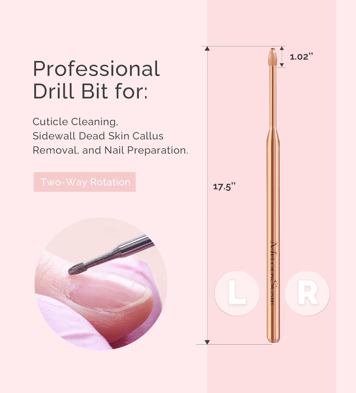 MelodySusie Cuticle Clean Nail Drill Bit 3/32'', Professional Safety Carbide Under Nail Cleaner Nail Bit for Cuticle Dead Skin Nail Prepare, Two Way Rotate, Nail Salon Supply(Rose Gold, Fine)