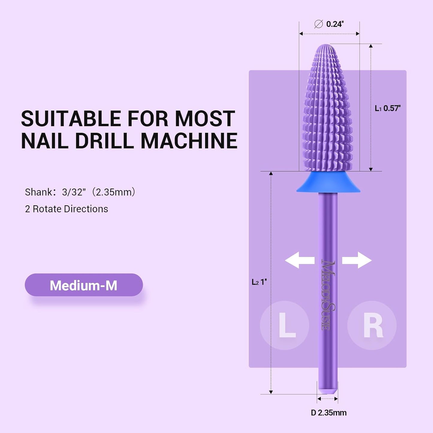 MelodySusie Typhoon Nail Drill Bits, 3/32'' Carbide Tungsten Multi-function Bits, Fast Remove Acrylic or Hard Gel for Manicure Pedicure Salon Professional or Beginner, Purple, Medium