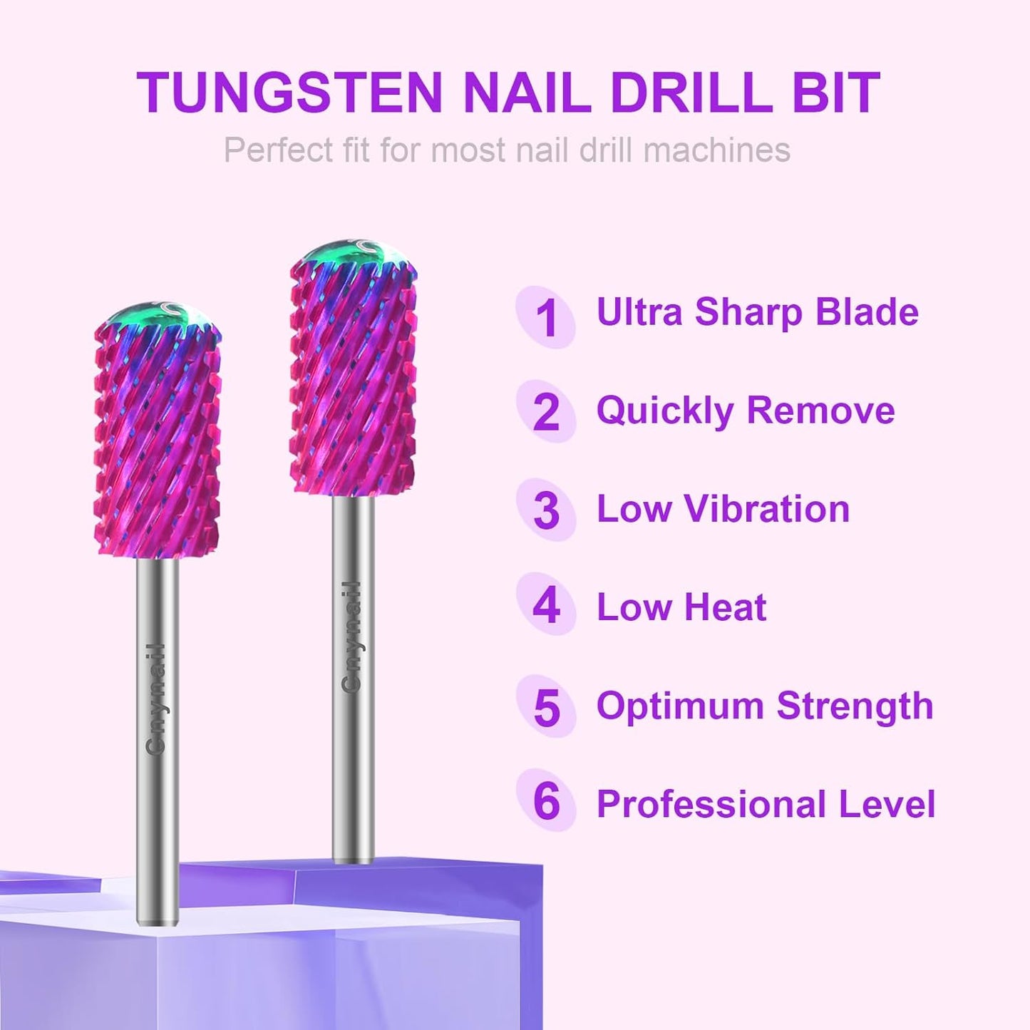 3/32" 2PCS Large Barrel Smooth Round Top Tungsten Carbide Nail Drill Bit Safety Bit for Gel & Acrylic Removal, 2-Way Rotating Efile Tip, Salon Electric File Accessory (XXC Grit, Purple)