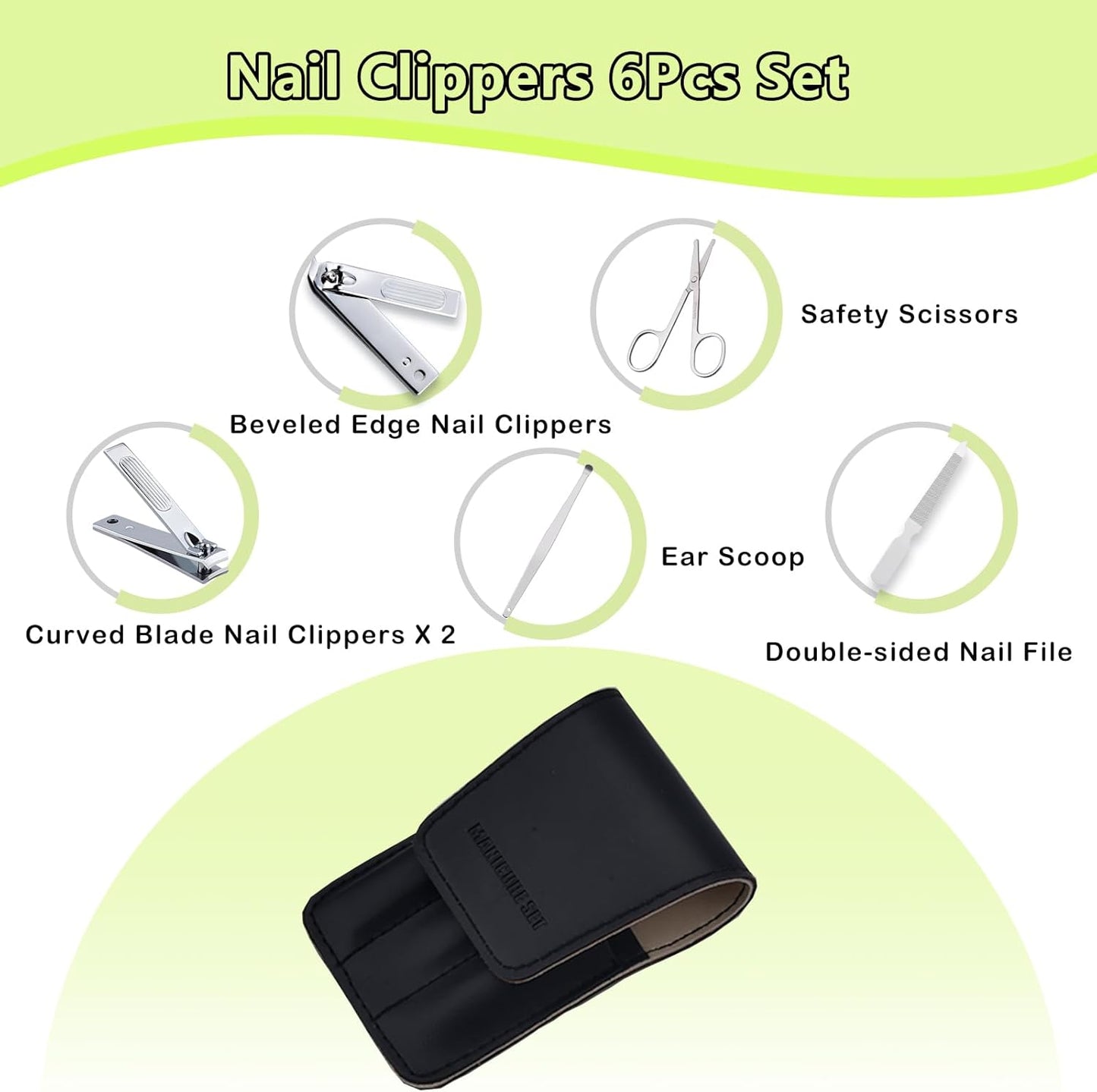 Nail Clippers Set, 6 Pcs Toenail Clippers Stainless Steel Fingernail Clippers Manicure Set with Leather Case, Idea Gift for Men Women Mom Dad Christmas Birthday, Black